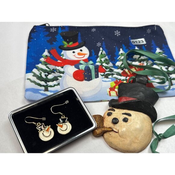 Snowman-Themed Holiday Gift Set W/ Earrings Wooden Ornament & Festive Pouch - Picture 4 of 4